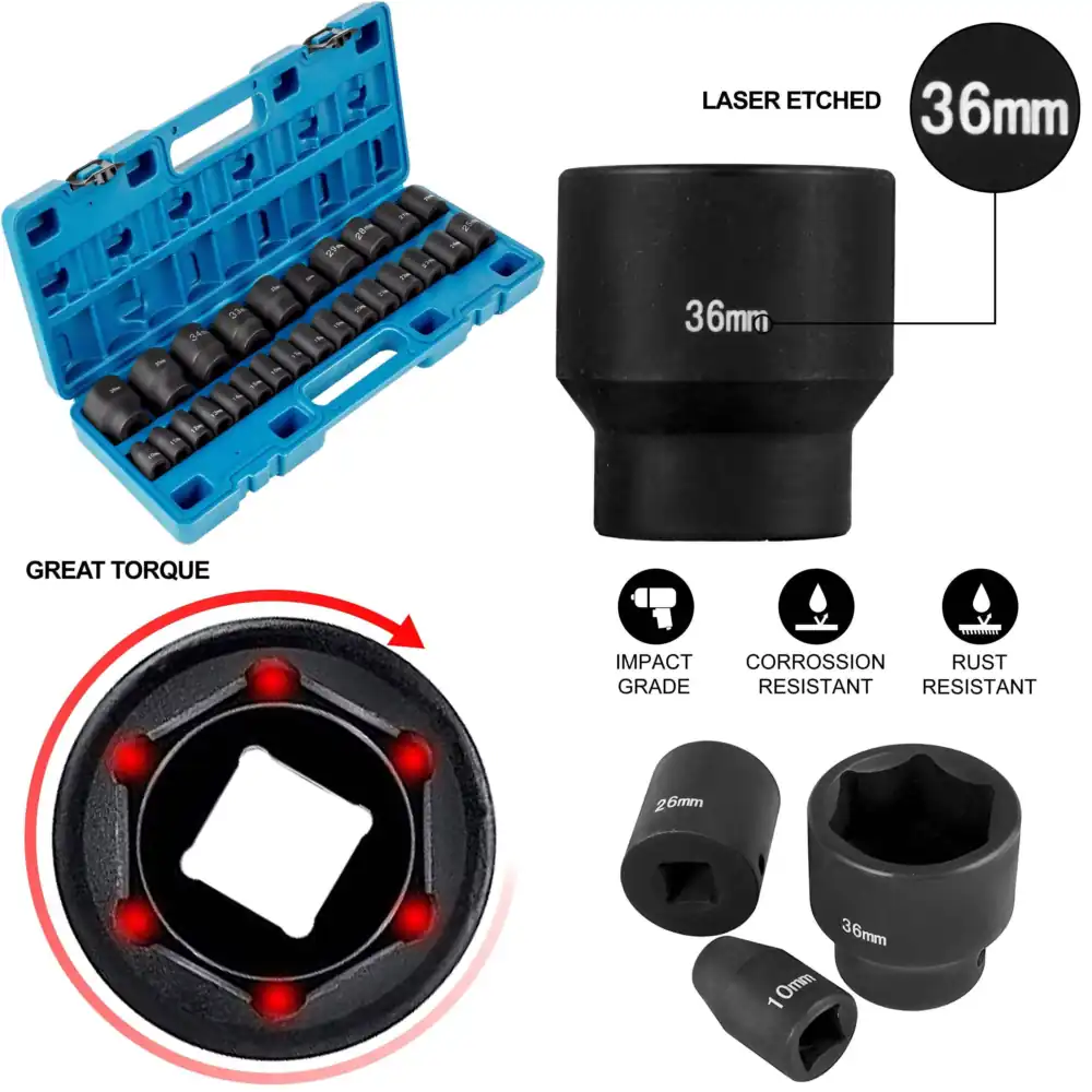 Industrial Laser Etching - Metrisches Schlagschraubenschlüssel-Set, CR-V-Stahl 6-Punkt Flachsteckschlüssel mit